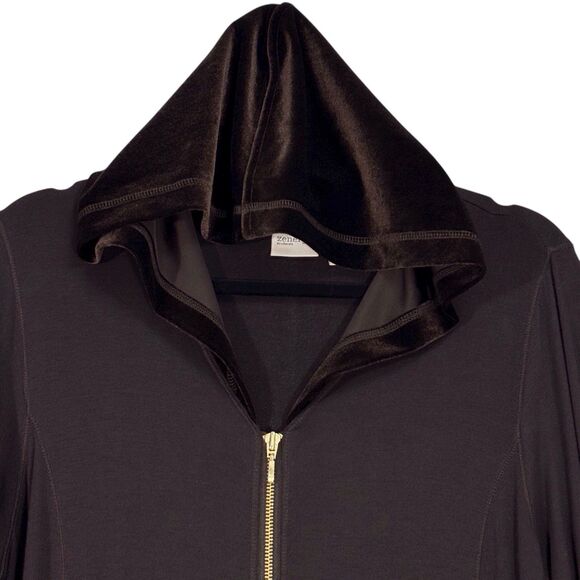 Chicos Zenergy Retreat Velvet Trim Jacket Hooded Espresso Brown Size 2 Large Zip - Picture 2 of 14